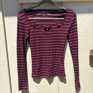Cutout neckline striped burgundy long sleeve